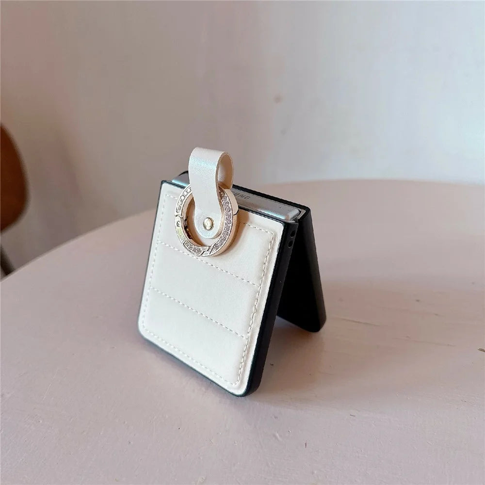 For Samsung Galaxy Z Flip7 5G Case Case Down Jacket Style Rhinestone Decor Ring Holder Leather Coated PC Phone Cover - White - 2