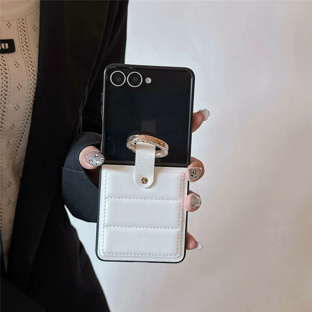 For Samsung Galaxy Z Flip7 5G Case Case Down Jacket Style Rhinestone Decor Ring Holder Leather Coated PC Phone Cover - White - 6