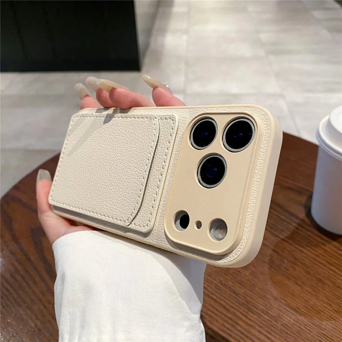 For iPhone 17 Pro Case Solid Color PU Leather TPU Card Holder Phone Cover - White U-shaped Card Holder - 1