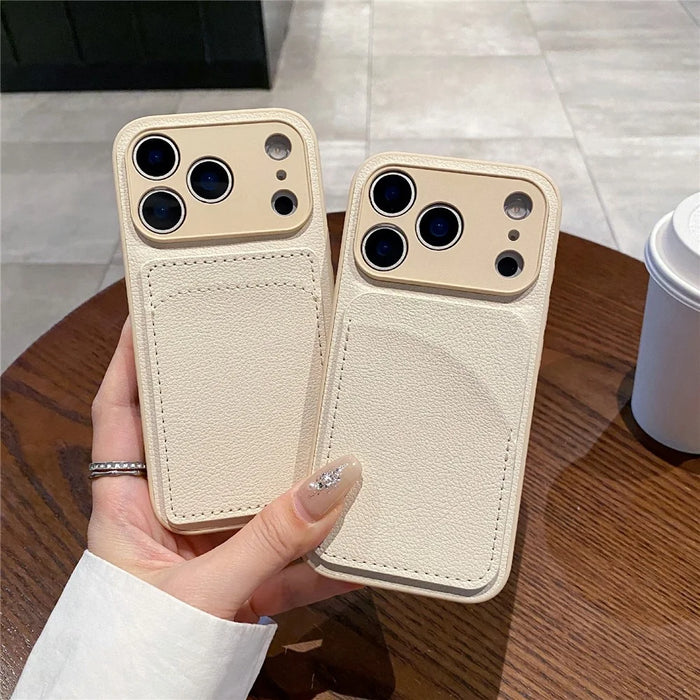 For iPhone 17 Pro Case Solid Color PU Leather TPU Card Holder Phone Cover - White U-shaped Card Holder - 2