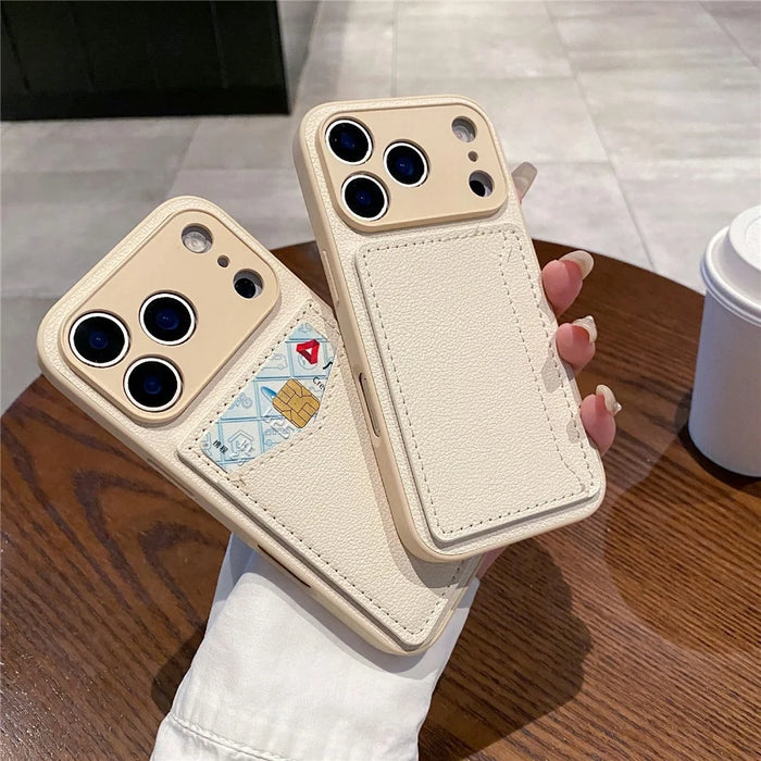 For iPhone 17 Pro Case Solid Color PU Leather TPU Card Holder Phone Cover - White U-shaped Card Holder - 3