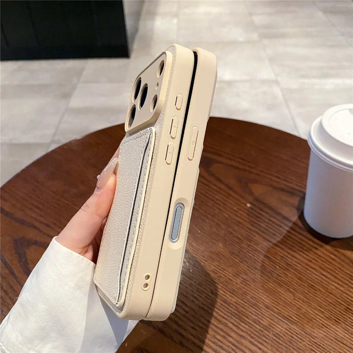 For iPhone 17 Pro Case Solid Color PU Leather TPU Card Holder Phone Cover - White U-shaped Card Holder - 4