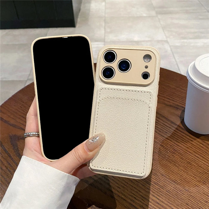 For iPhone 17 Pro Case Solid Color PU Leather TPU Card Holder Phone Cover - White U-shaped Card Holder - 5