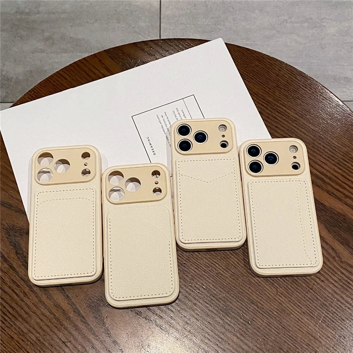 For iPhone 17 Pro Case Solid Color PU Leather TPU Card Holder Phone Cover - White U-shaped Card Holder - 7