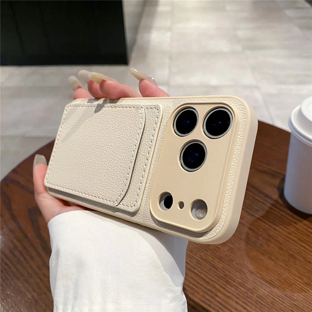 For iPhone 17 Pro Max Case Solid Color PU Leather TPU Card Holder Phone Cover - White U-shaped Card Holder - 1