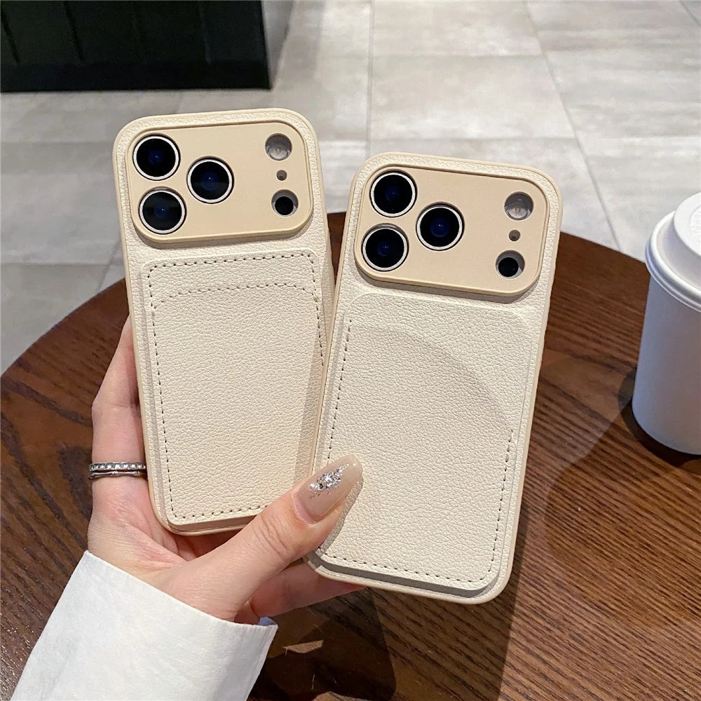 For iPhone 17 Pro Max Case Solid Color PU Leather TPU Card Holder Phone Cover - White U-shaped Card Holder - 2