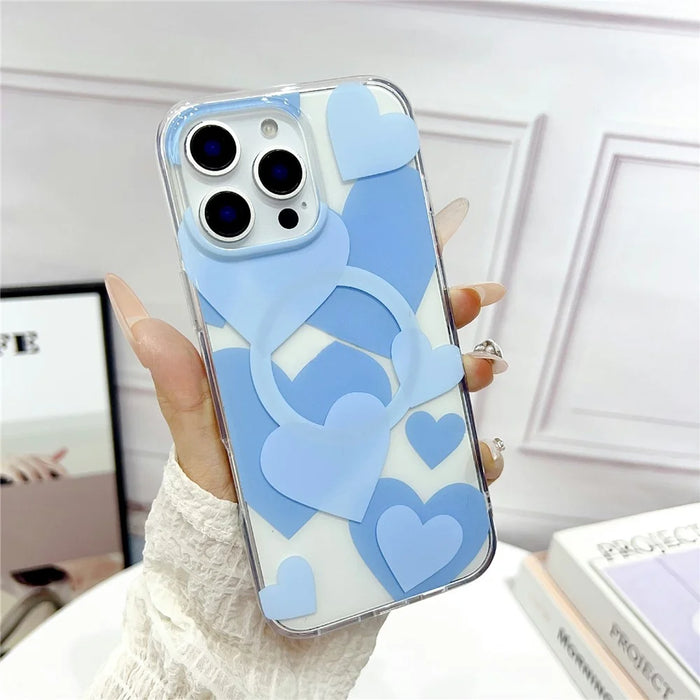 For iPhone 16 Pro Case Heart Pattern TPU + PC Protective Phone Cover Compatible with MagSafe - Blue - 2