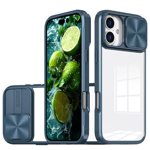For iPhone 17 Case TPU + PC Clear Phone Cover with CD-Veins Camera Lens Sliding Lid - Navy Blue - 1