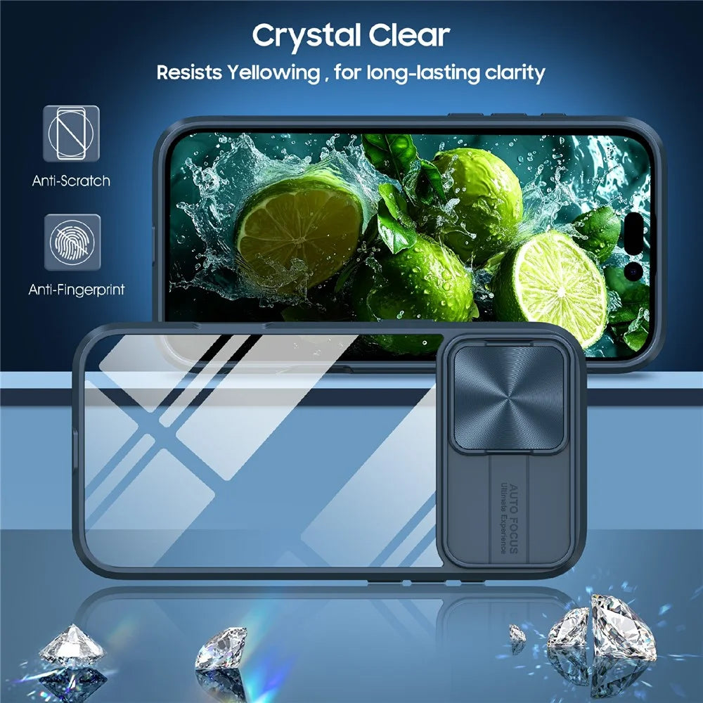For iPhone 17 Case TPU + PC Clear Phone Cover with CD-Veins Camera Lens Sliding Lid - Navy Blue - 2
