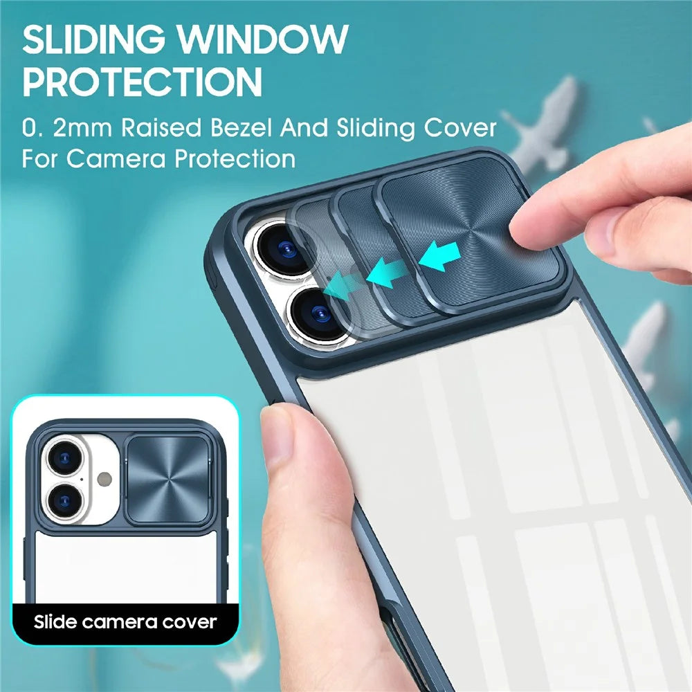 For iPhone 17 Case TPU + PC Clear Phone Cover with CD-Veins Camera Lens Sliding Lid - Navy Blue - 3