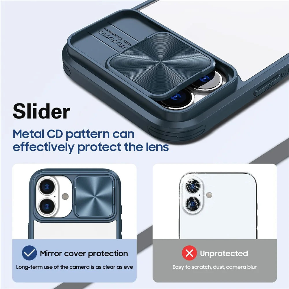 For iPhone 17 Case TPU + PC Clear Phone Cover with CD-Veins Camera Lens Sliding Lid - Navy Blue - 4