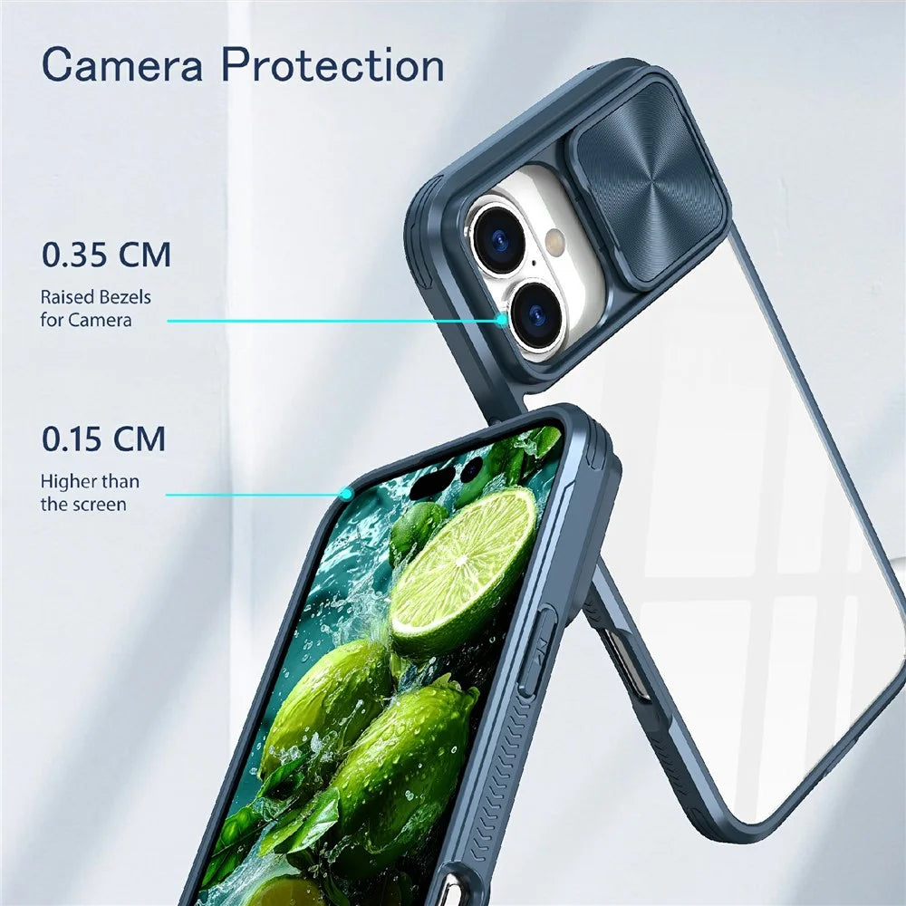For iPhone 17 Case TPU + PC Clear Phone Cover with CD-Veins Camera Lens Sliding Lid - Navy Blue - 5