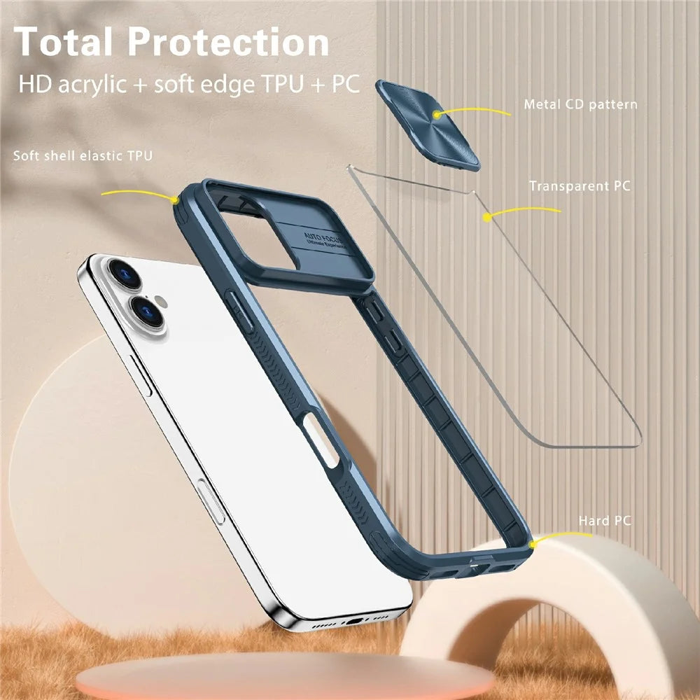 For iPhone 17 Case TPU + PC Clear Phone Cover with CD-Veins Camera Lens Sliding Lid - Navy Blue - 6