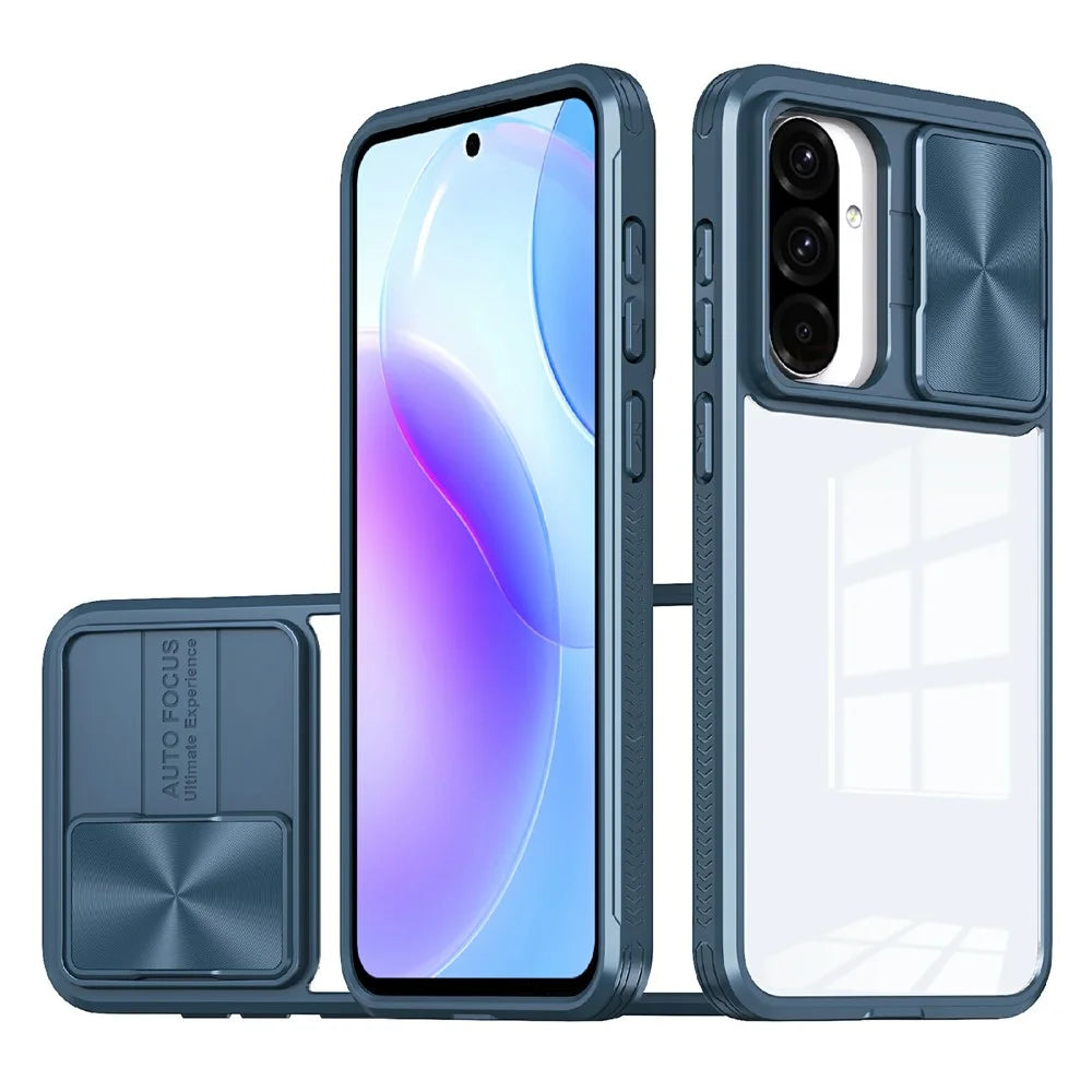 For Samsung Galaxy A56 5G Case TPU + PC Clear Phone Cover with CD-Veins Camera Lens Sliding Lid - Navy Blue - 1
