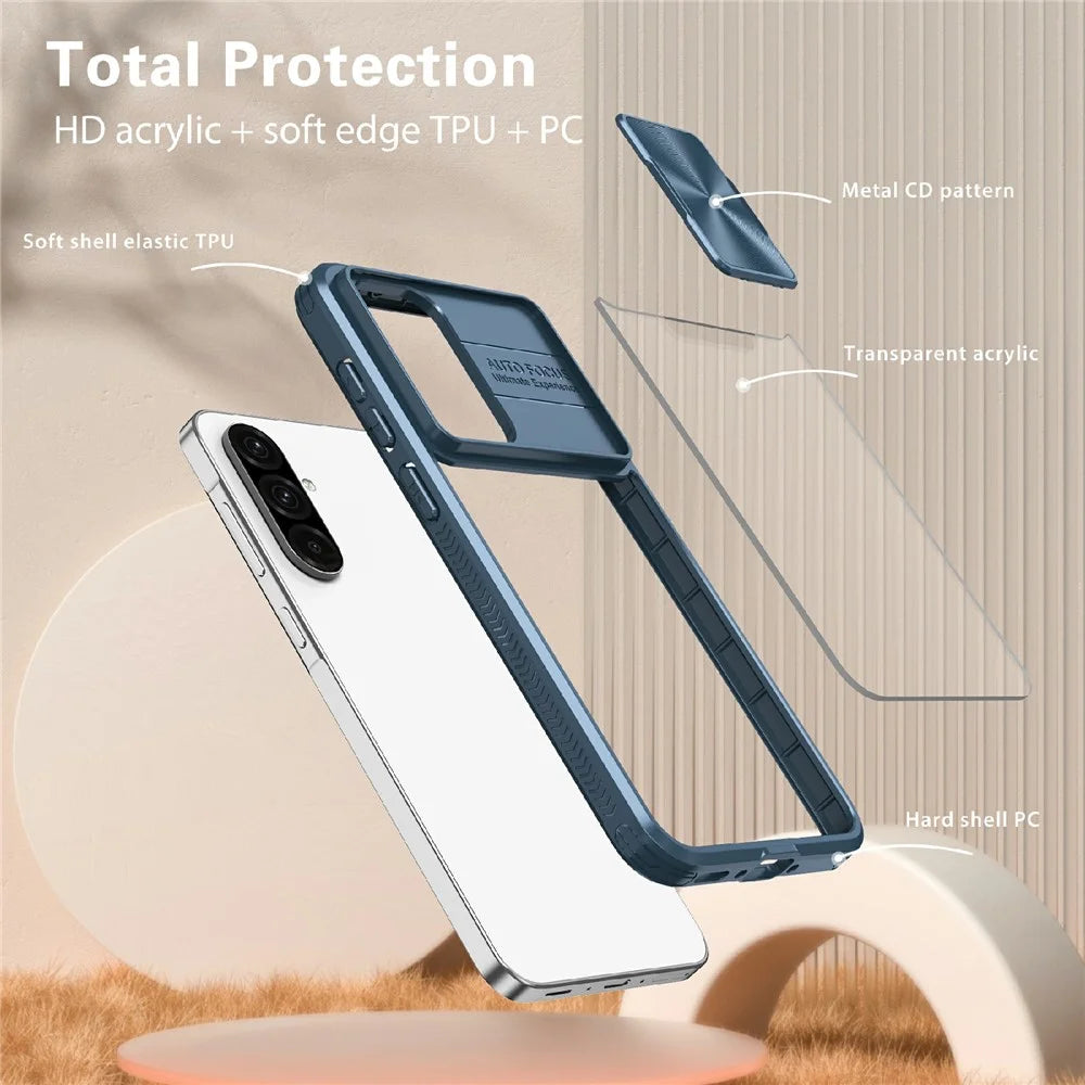 For Samsung Galaxy A56 5G Case TPU + PC Clear Phone Cover with CD-Veins Camera Lens Sliding Lid - Navy Blue - 6