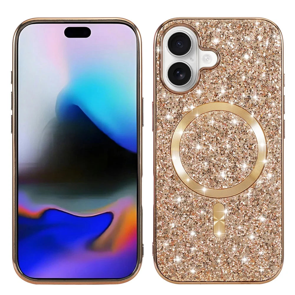 For iPhone 17 Magnetic Phone Case Glitter Electroplated TPU Frame PC Back Cover - Rose Gold - 1