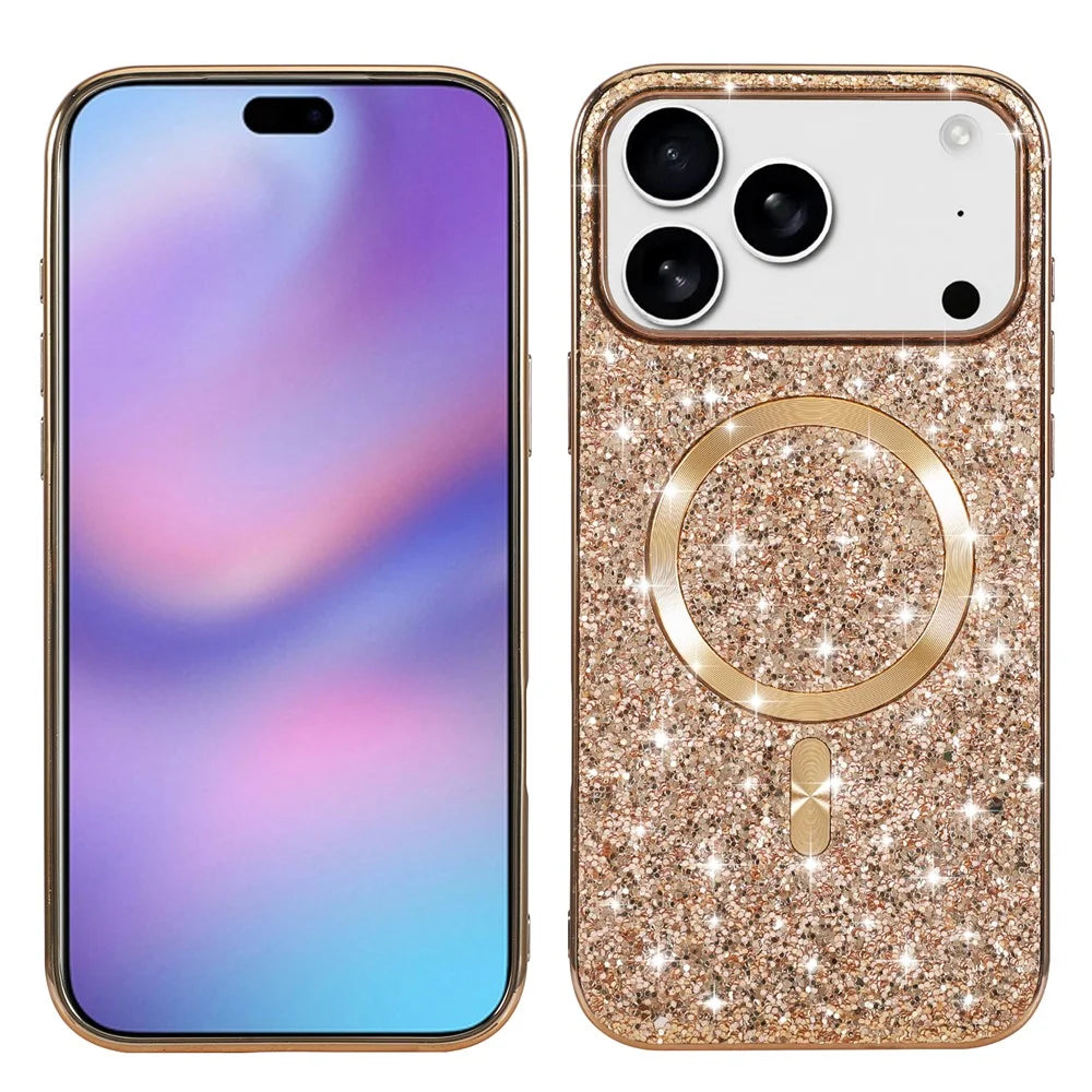 For iPhone 18 Pro / 17 Pro Magnetic Phone Case Glitter Electroplated TPU Frame PC Back Cover - Rose Gold - 1