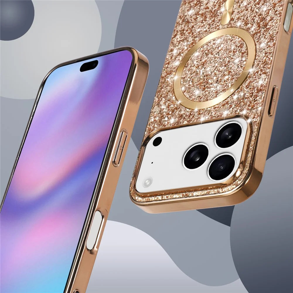 For iPhone 18 Pro / 17 Pro Magnetic Phone Case Glitter Electroplated TPU Frame PC Back Cover - Rose Gold - 4