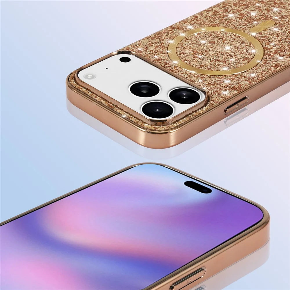For iPhone 18 Pro / 17 Pro Magnetic Phone Case Glitter Electroplated TPU Frame PC Back Cover - Rose Gold - 5