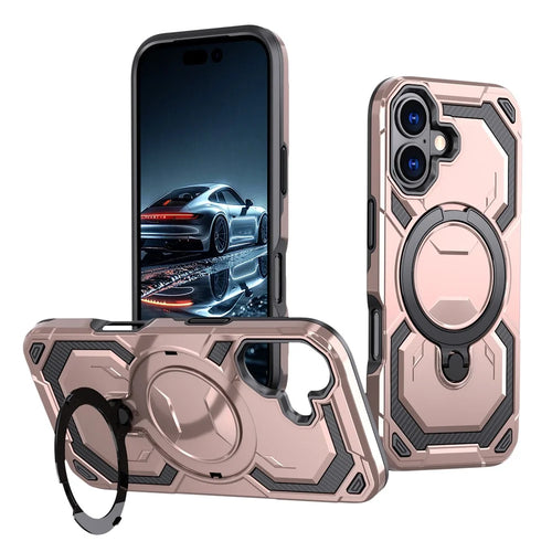 For iPhone 17 Magnetic Case Ring Kickstand PC + TPU Hybrid Phone Cover - Rose Gold - 1