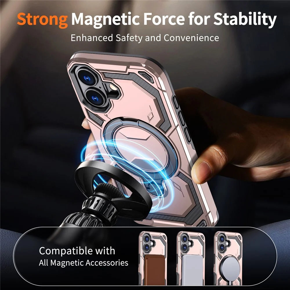 For iPhone 17 Magnetic Case Ring Kickstand PC + TPU Hybrid Phone Cover - Rose Gold - 3