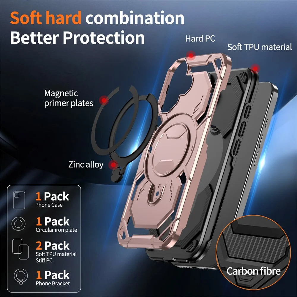 For iPhone 17 Magnetic Case Ring Kickstand PC + TPU Hybrid Phone Cover - Rose Gold - 4