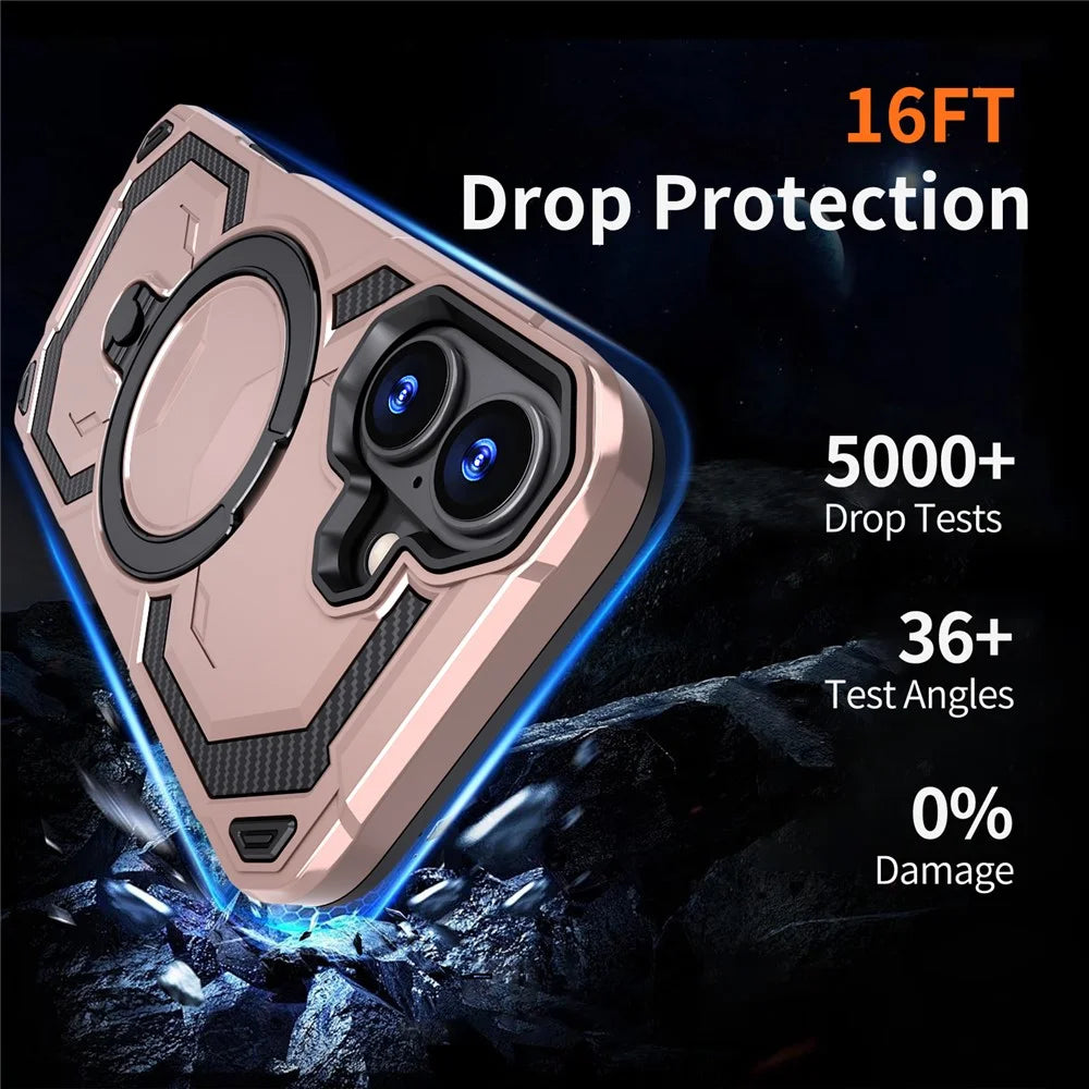 For iPhone 17 Magnetic Case Ring Kickstand PC + TPU Hybrid Phone Cover - Rose Gold - 6