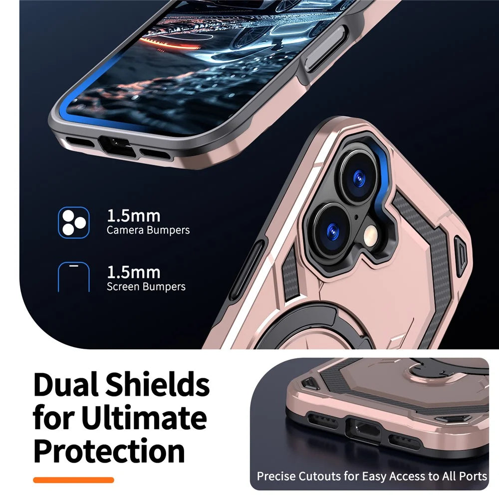 For iPhone 17 Magnetic Case Ring Kickstand PC + TPU Hybrid Phone Cover - Rose Gold - 7