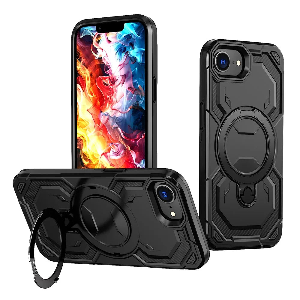 For iPhone 17e / 16e Magnetic Case Ring Kickstand PC + TPU Hybrid Phone Cover - Black - 1