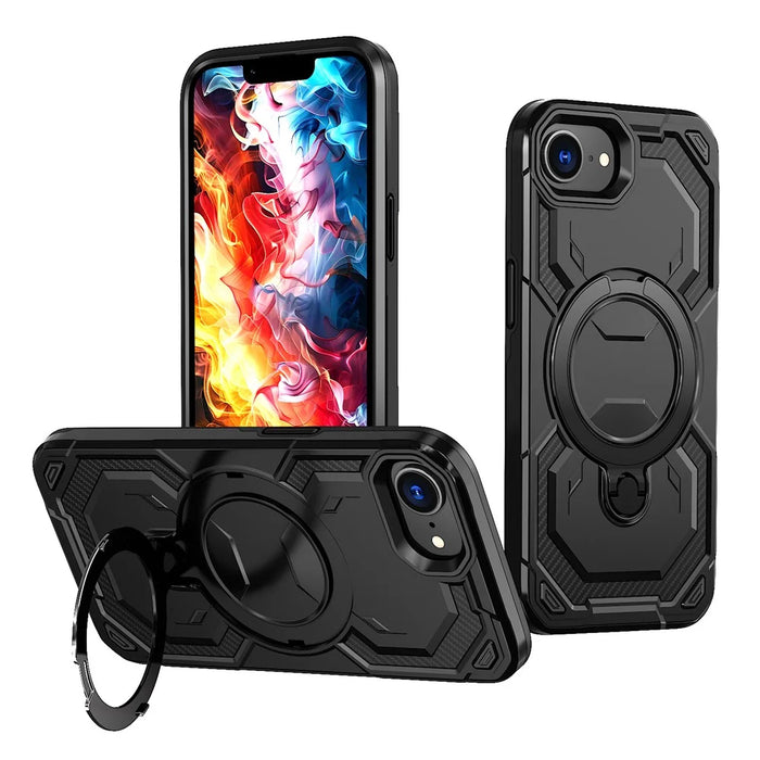 For iPhone 17e / 16e Magnetic Case Ring Kickstand PC + TPU Hybrid Phone Cover - Black - 1