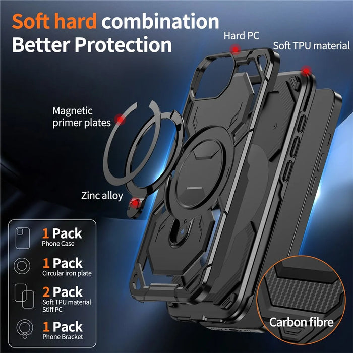 For iPhone 17e / 16e Magnetic Case Ring Kickstand PC + TPU Hybrid Phone Cover - Black - 4
