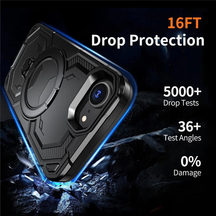 For iPhone 17e / 16e Magnetic Case Ring Kickstand PC + TPU Hybrid Phone Cover - Black - 6