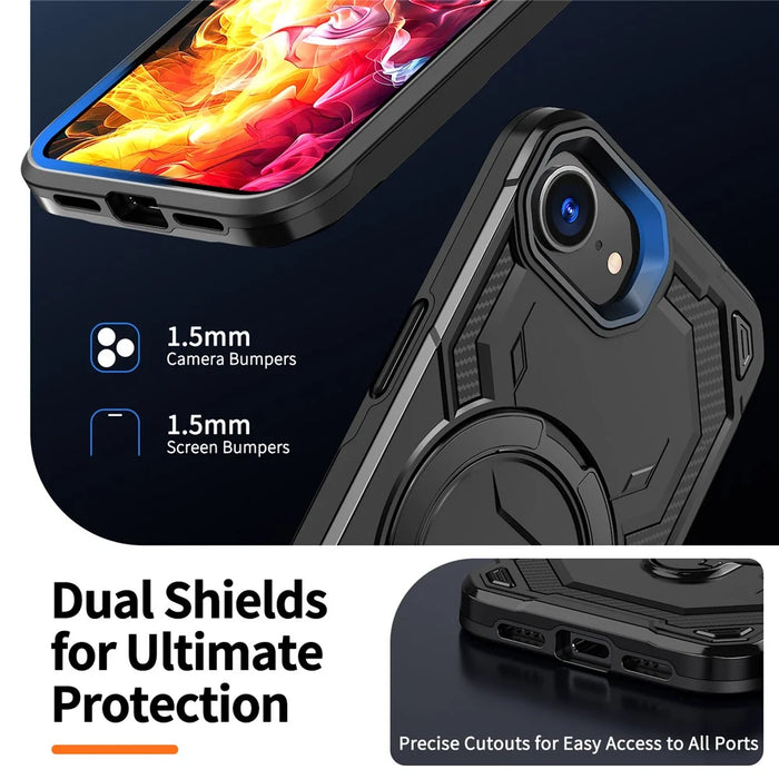 For iPhone 17e / 16e Magnetic Case Ring Kickstand PC + TPU Hybrid Phone Cover - Black - 7