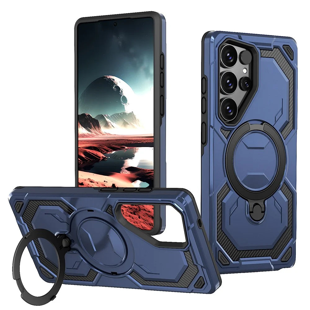 For Samsung Galaxy S25 Ultra Magnetic Case Ring Kickstand PC + TPU Hybrid Phone Cover - Blue - 1