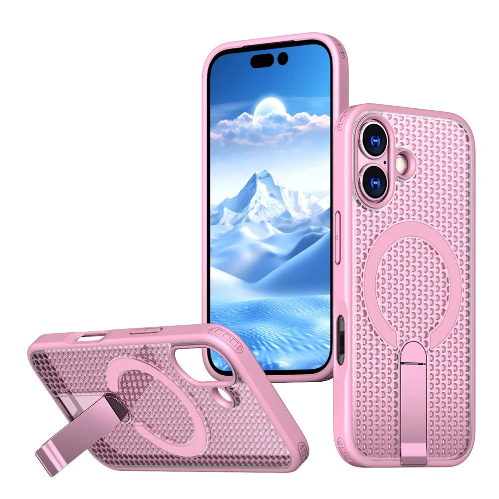 For iPhone 17 Magnetic Case Kickstand Grid Texture TPU PC Phone Back Cover - Pink - 1