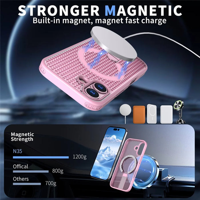 For iPhone 17 Magnetic Case Kickstand Grid Texture TPU PC Phone Back Cover - Pink - 2