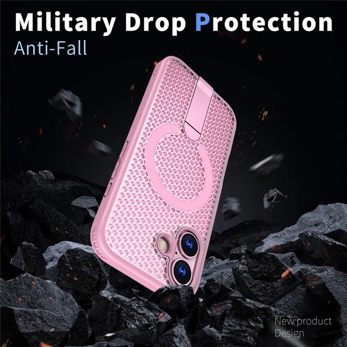For iPhone 17 Magnetic Case Kickstand Grid Texture TPU PC Phone Back Cover - Pink - 3