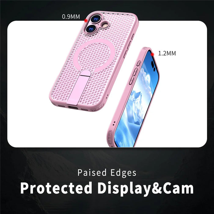 For iPhone 17 Magnetic Case Kickstand Grid Texture TPU PC Phone Back Cover - Pink - 4