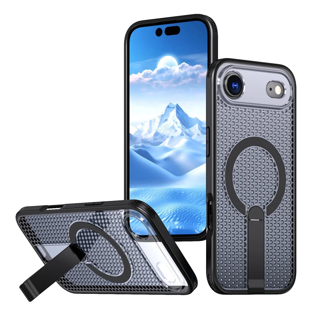 For iPhone Air Magnetic Case Kickstand Grid Texture TPU PC Phone Back Cover - Black - 1