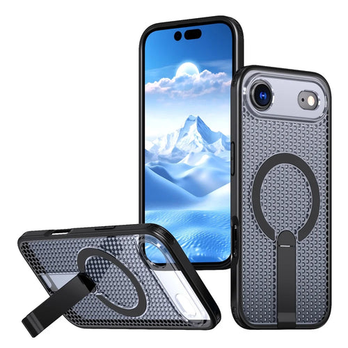 For iPhone Air Magnetic Case Kickstand Grid Texture TPU PC Phone Back Cover - Black - 1