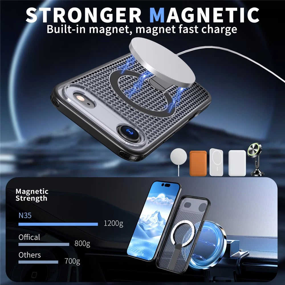 For iPhone Air Magnetic Case Kickstand Grid Texture TPU PC Phone Back Cover - Black - 2