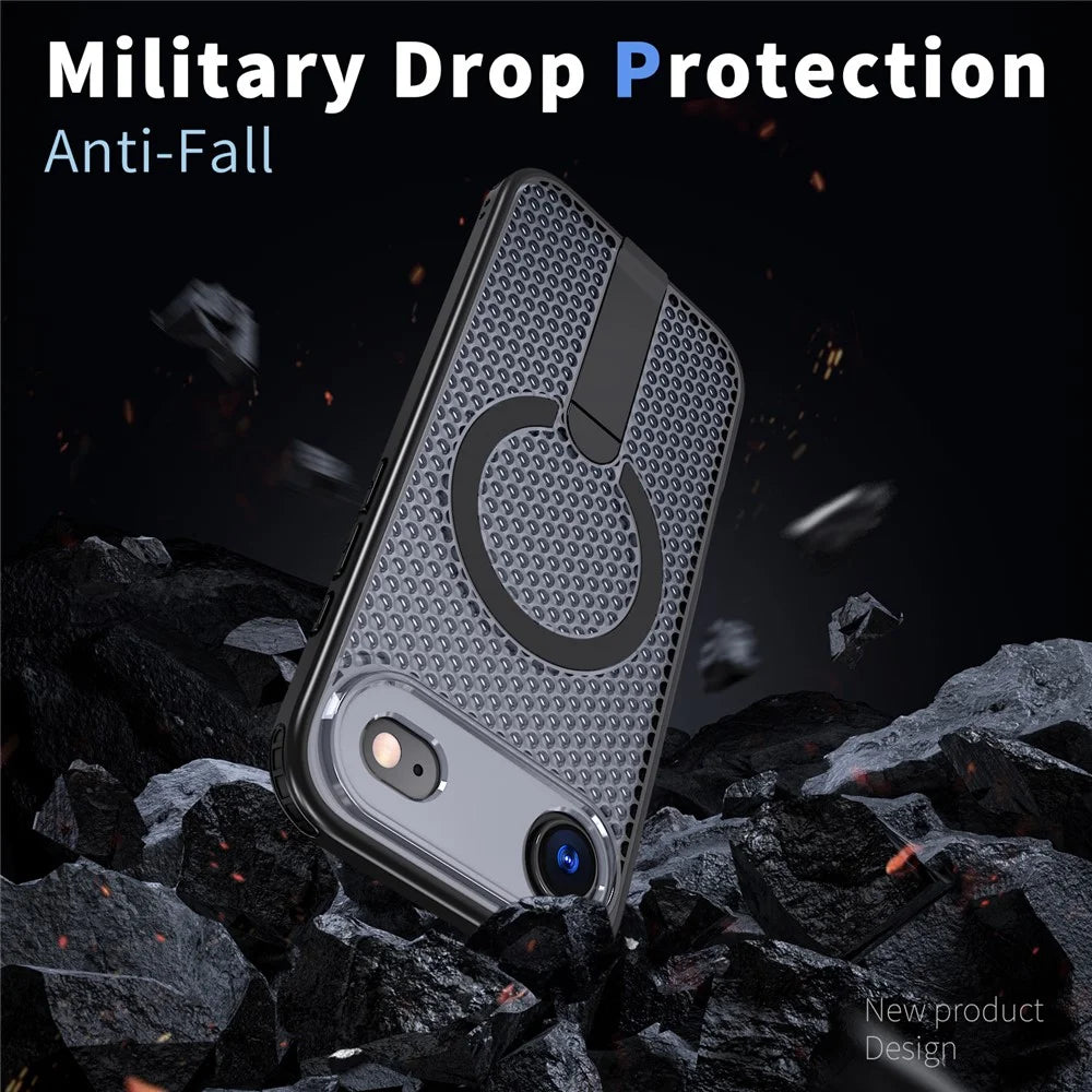 For iPhone Air Magnetic Case Kickstand Grid Texture TPU PC Phone Back Cover - Black - 3