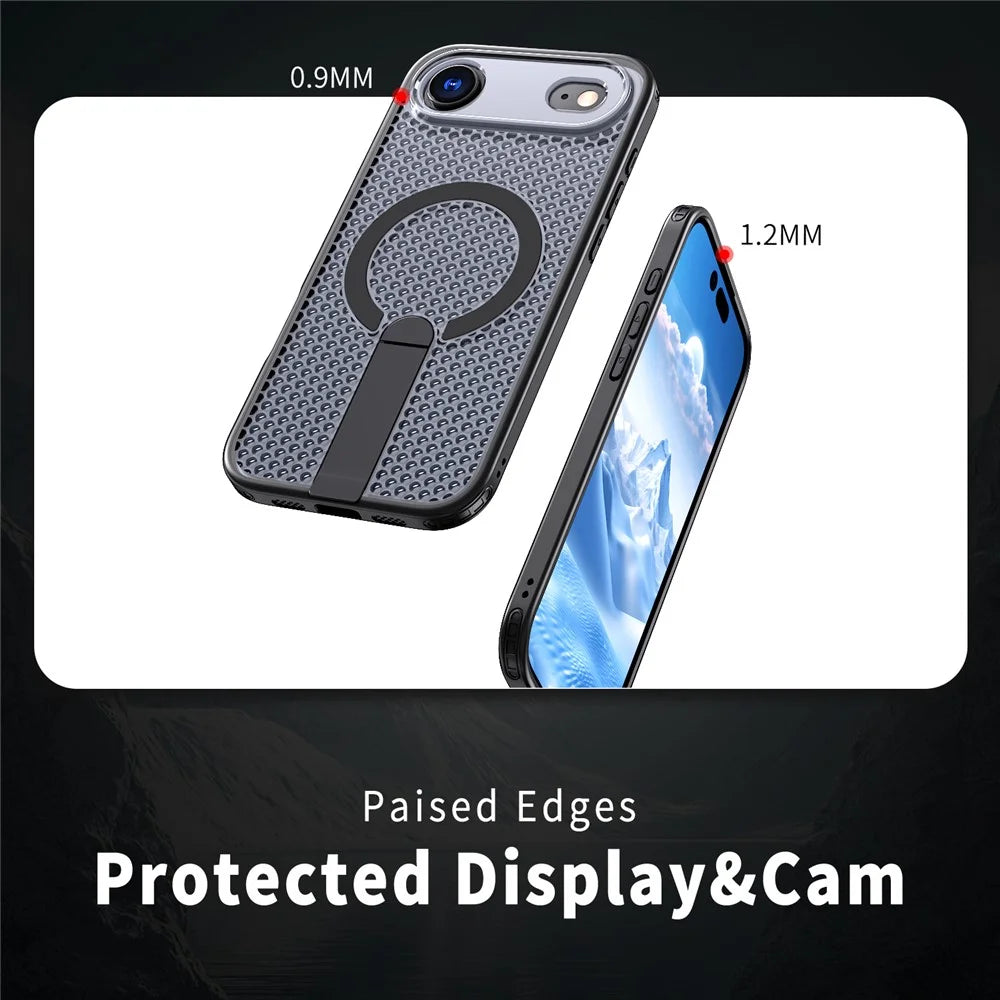 For iPhone Air Magnetic Case Kickstand Grid Texture TPU PC Phone Back Cover - Black - 4