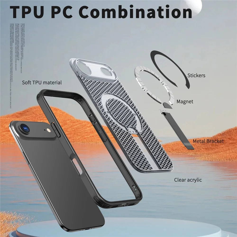 For iPhone Air Magnetic Case Kickstand Grid Texture TPU PC Phone Back Cover - Black - 5