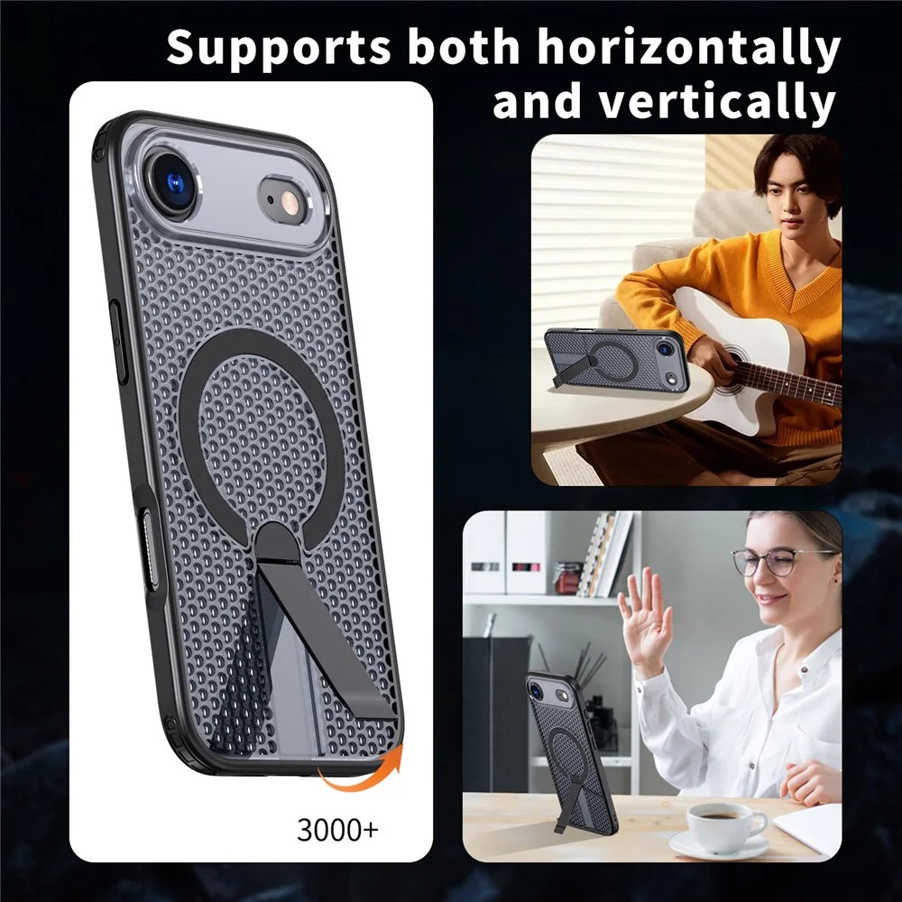 For iPhone Air Magnetic Case Kickstand Grid Texture TPU PC Phone Back Cover - Black - 6