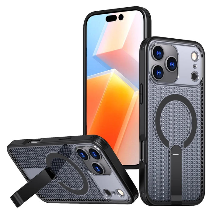 For iPhone 18 Pro / 17 Pro Magnetic Case Kickstand Grid Texture TPU PC Phone Back Cover - Black - 1