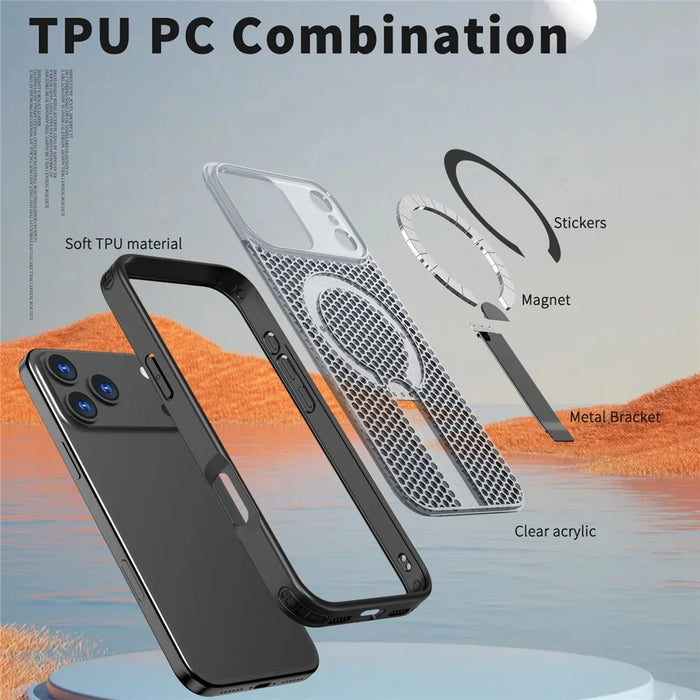 For iPhone 18 Pro / 17 Pro Magnetic Case Kickstand Grid Texture TPU PC Phone Back Cover - Black - 5