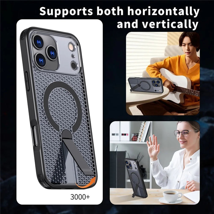 For iPhone 18 Pro / 17 Pro Magnetic Case Kickstand Grid Texture TPU PC Phone Back Cover - Black - 6