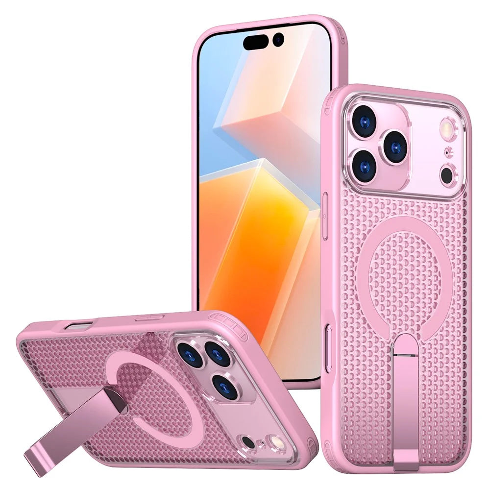 For iPhone 18 Pro Max / 17 Pro Max Magnetic Case Kickstand Grid Texture TPU PC Phone Back Cover - Pink - 1