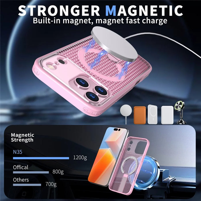 For iPhone 18 Pro Max / 17 Pro Max Magnetic Case Kickstand Grid Texture TPU PC Phone Back Cover - Pink - 2